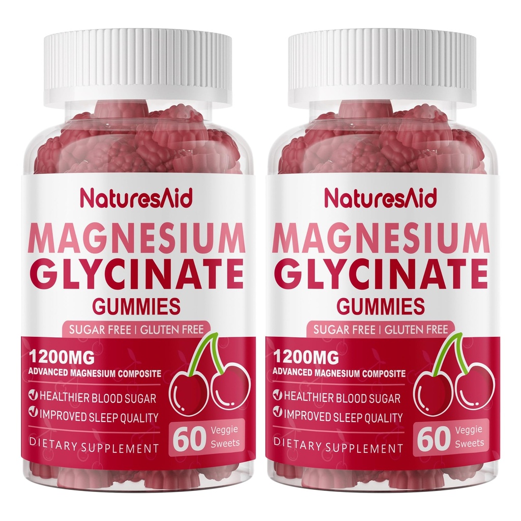 Glucynian magnezu Gummies 1000mg - Suplement potasu bez cukru Magnezu z witaminą D, B6, CoQ10 dla uspokojenia nastroju i wsparcia snu - 120 Cherry Gummies -2 Pack.