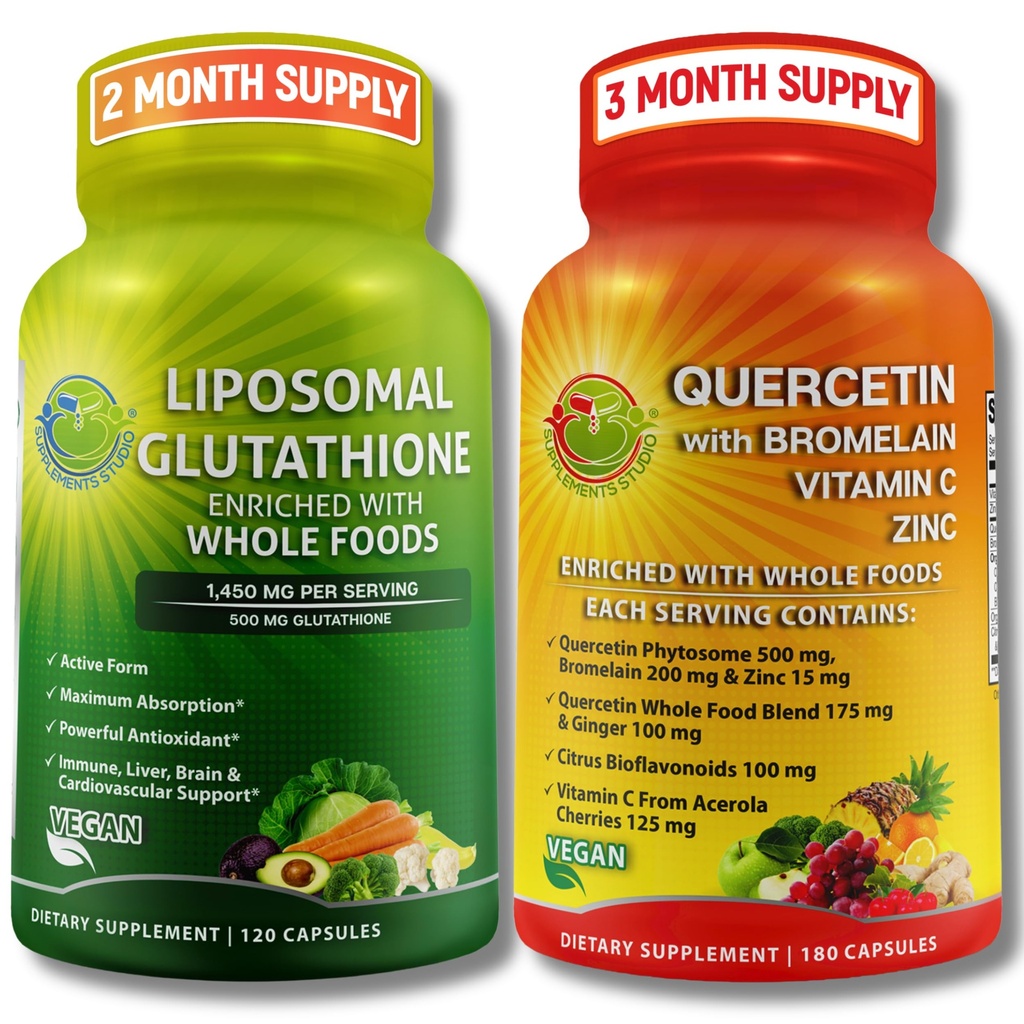 Liposomal Glutathione 500mg & Quercetin z Bromelain, Cynk i Witamina C - Przeciwutleniacz i immunologiczny zestaw wsparcia z Organic Whole Food Blends - Wegan, Non-GMO Research Health Formula