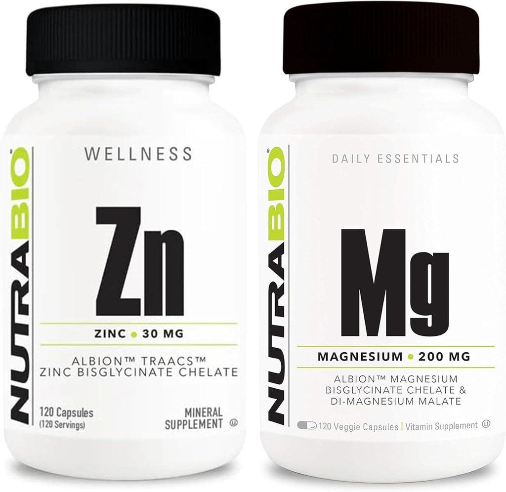 NutraBio Cynk Chelate i Reacted Magnezu Supplement Bundle - Suplement witaminy Paleta może pomóc Wsparcie układu immunologicznego i zdrowia kości