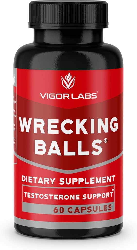 Vigor Labs Wrecking Balls (60 Kapsułek), Wspiera naturalną produkcję podstawowych hormonów męskich przez swoje ciało do wsparcia Fuller Drive, męskiej witalności i Zwiększona wytrzymałość. (Made in The USA)