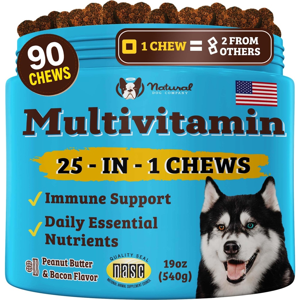 Natural Dog Company 25- in-1 Multivitamin Chews for Dogs - Daily Soft Dog Vitamin with Antioksydants, Cynk & Kwas foliowy - Wspiera Joints, Skóra & Coat, Immune & Heart Health - All Ages, All Breeds