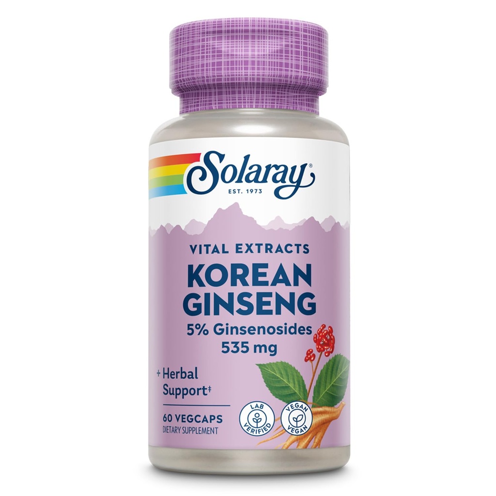 SOLARAY koreański Ginseng Root Extract - Herbal Support for Ocasional Stress, Energy, and Physical Endurance - 5% Ginsenosides - Vegan, Lab Verified - 60 Servings, 60 VegCaps