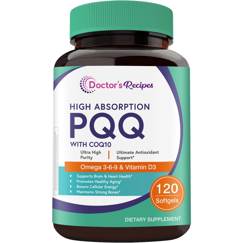 Doctor's Recipes PQQ Supplement 40 mg with CoQ10, Omega 3-6-9 Essential Fatty Acids, Highly Purified and Bioavailable, Brain Energy Heart Health, Pyrroloquinoline Quinone Disodium Salt, 120 Softgels