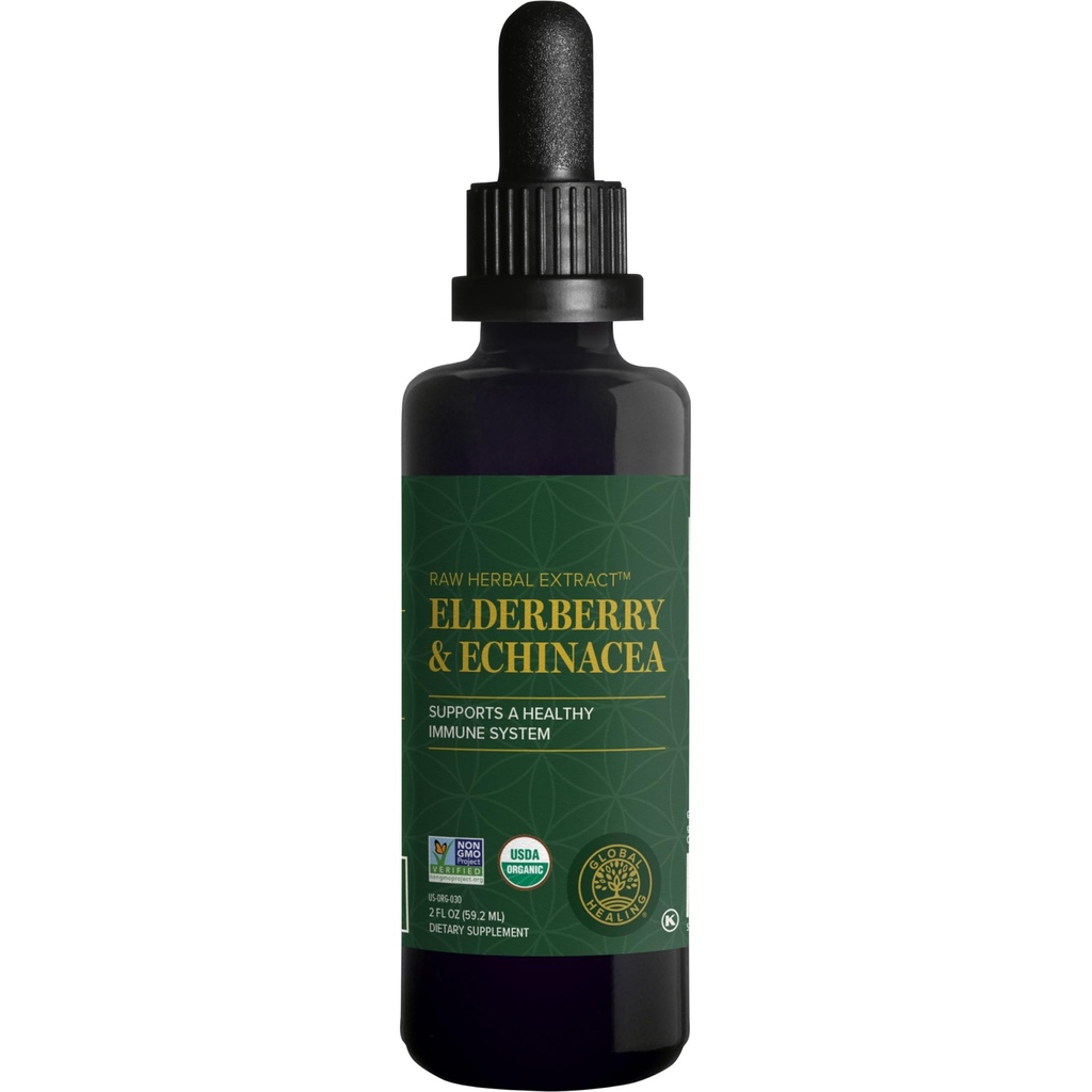 Global Healing USDA Organic Elderberry & Echinacea Liquid Supplement Tincture Agregat 124; Przeciwutleniacz immunologiczny Przeciwko szkodliwym organizmom dla dorosłych i dzieci, Wegan, Non-GMO, 1- Month Supply (2 Oz)