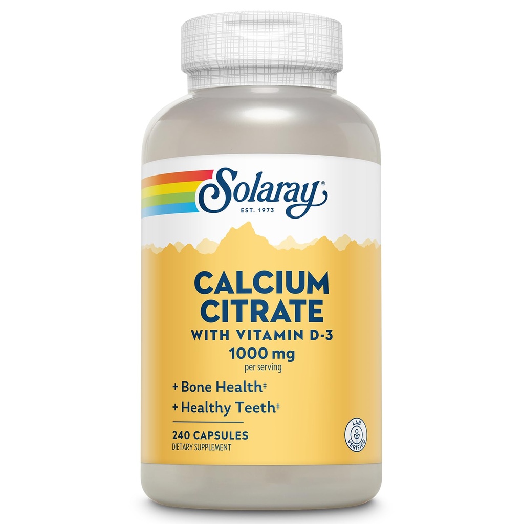 Solaray Wapnia Citrate w / Witamina D3 1000mg, Zdrowe kości i zęby, Serce, Mięśnie i Nerwy Wsparcie, 60 Serv, 240 VegCaps
