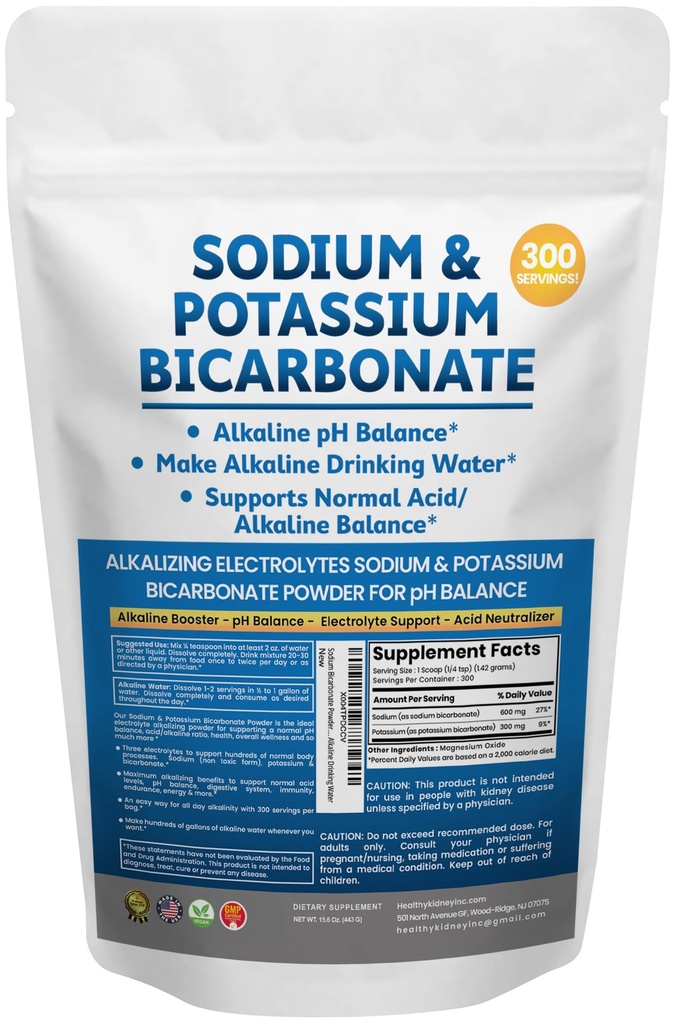 Sodium Bicarbonate Powder & Potassium Bicarbonate Powder pH Balance Supplement. Make Gallons of Alkaline Water Drops for Acid/Alkaline pH Balance, Stomach Immune Performance. Alkaline Drinking Water