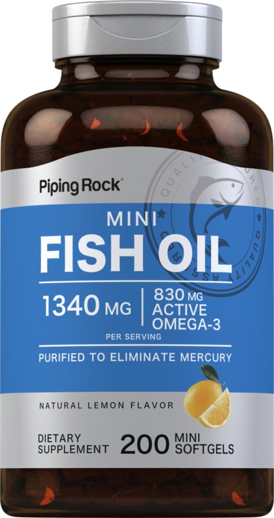 Piping Rock Mini Fish Oil 1340mg Bis 124; 200 Softgels Bis 124; Omega-3 Suplement dla mężczyzn i kobiet 124; Lemon Flavor 124; Non-GMO i Gluten Free