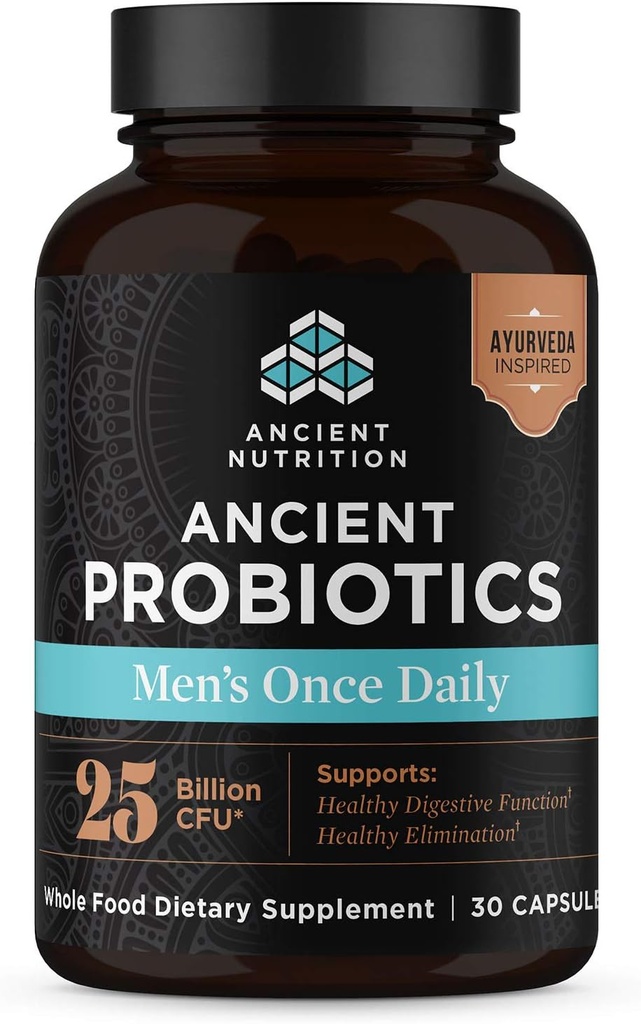 Ancient Nutrition Probiotics for Men, Ancient Probiotic Men 's Once Daily 30ct, Digestive and Immune Support, Bloating, Gaz i Zaparcia Relief, Gluten Free, Superfoods Blend, 25 Billion CFU *