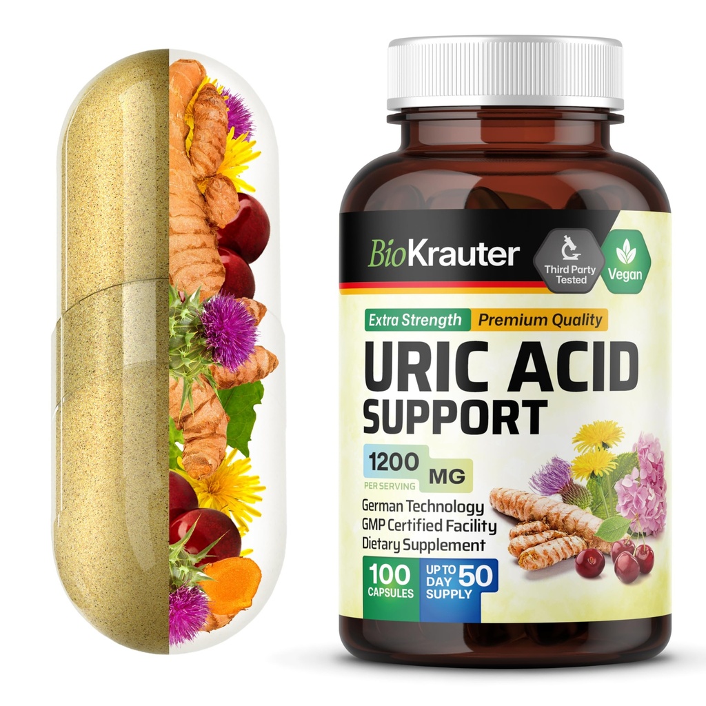 BIO KRAUTER Acid Acid Support Kapsułki 1200 mg Mieszanka - 100 Hrabia - Suplement Nerki w / Tart Cherry 10: 1 Ekstrakt - Mleko Thistle & Ekstrakt Turmeric - Wegan