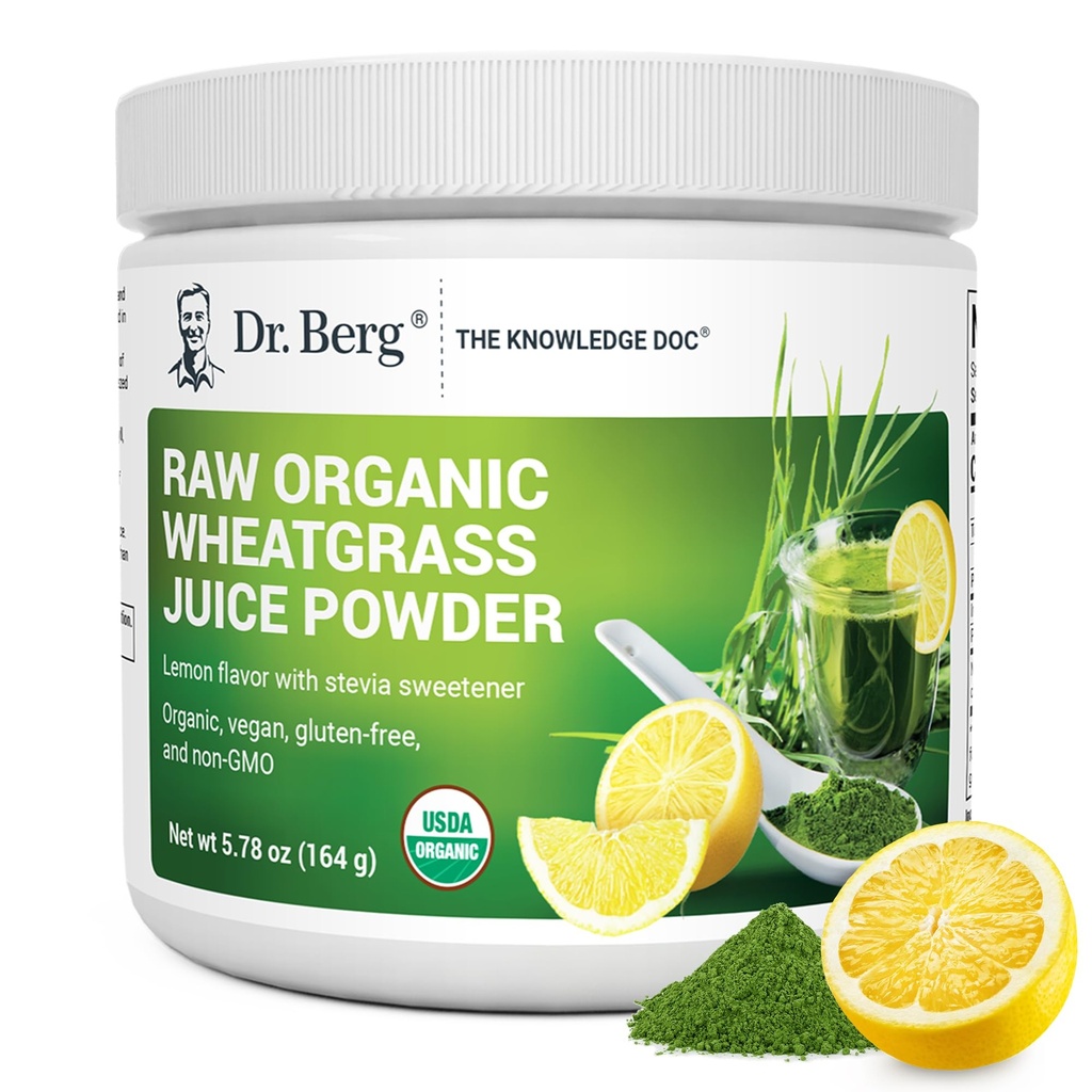 Dr Berg USDA Certified Organic Green Powder Superfood (60 Servings) - Made with Raw Wheatgrass, Chlorophyll, Trace Minerals & Natural Enzymes - Non-GMO Green Superfood Powder - Lemon Flavor