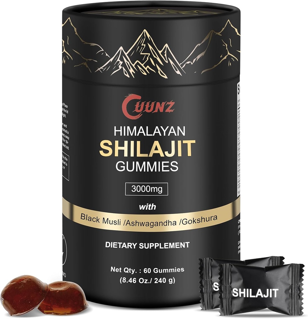 Himalajski Żywny Shilajit Gummies Złoto - Ashwagandha, Gokshura - Kwas Fulvic - 85 + Ślad Minerałów - dla mężczyzn Kobiety - Nie Dodano Cukru (Shilajit Gold Gummies)