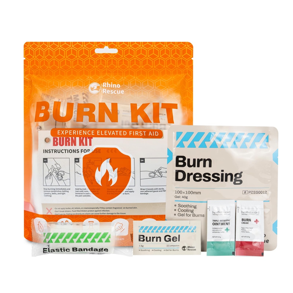 RHINO RESCUE Burn Kit, 4szt Burn Dressings 4x4 ", 8szt Burn Gel Pakiety 3.5g, 4szt Burn Pads, Zestaw pierwszej pomocy Cooling Coothing Cream Relief z bandażem, Rękawice nitrylowe, Nożyczki, Taśma, HSA / FSA Kwalifikujący