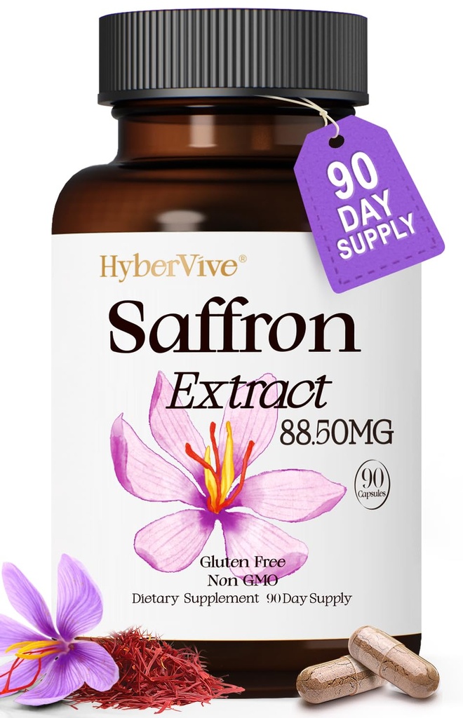 Suplementy szafranowe 88.5MG Wegan 124; 90 Kapsułki Wegańskie, Happy Saffron Extract for Mood Energy Eye Focus Support for Women & Men, 100% Czystych składników, Made in USA, Non-GMO & Gluten- Free