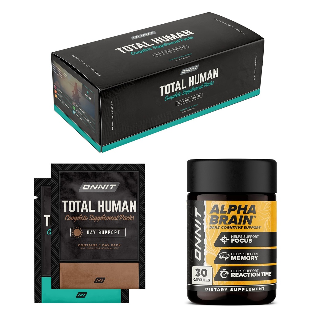 ONNIT Premium Alpha Brain Bundle - Nootropowy suplement mózgu (30 Count) for Focus, Concentration & Memory + Total Human Day and Night witaminy Packs for Men and Women (30- Day Supply)