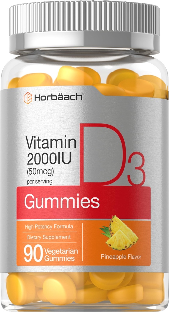 Horbäach Vitamin D3 2000iu Gummies | 90 Count | Vegetarian | Pineapple Flavor | 50 mcg | Non-GMO, Gluten Free Vitamin D Supplement