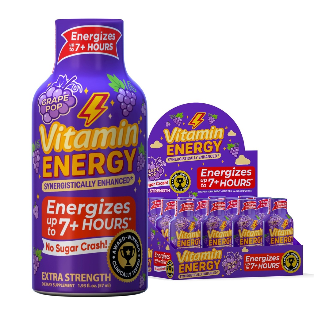 Vitamin Energy Immune+ Extra Strength Energy Shot Grape 10 Pack, 260mg Natural Caffeine, B-Vitamins, Citicoline, Green Tea, Immunity & Focus Support, Zero Sugar, Gluten-Free 1.93 fl oz