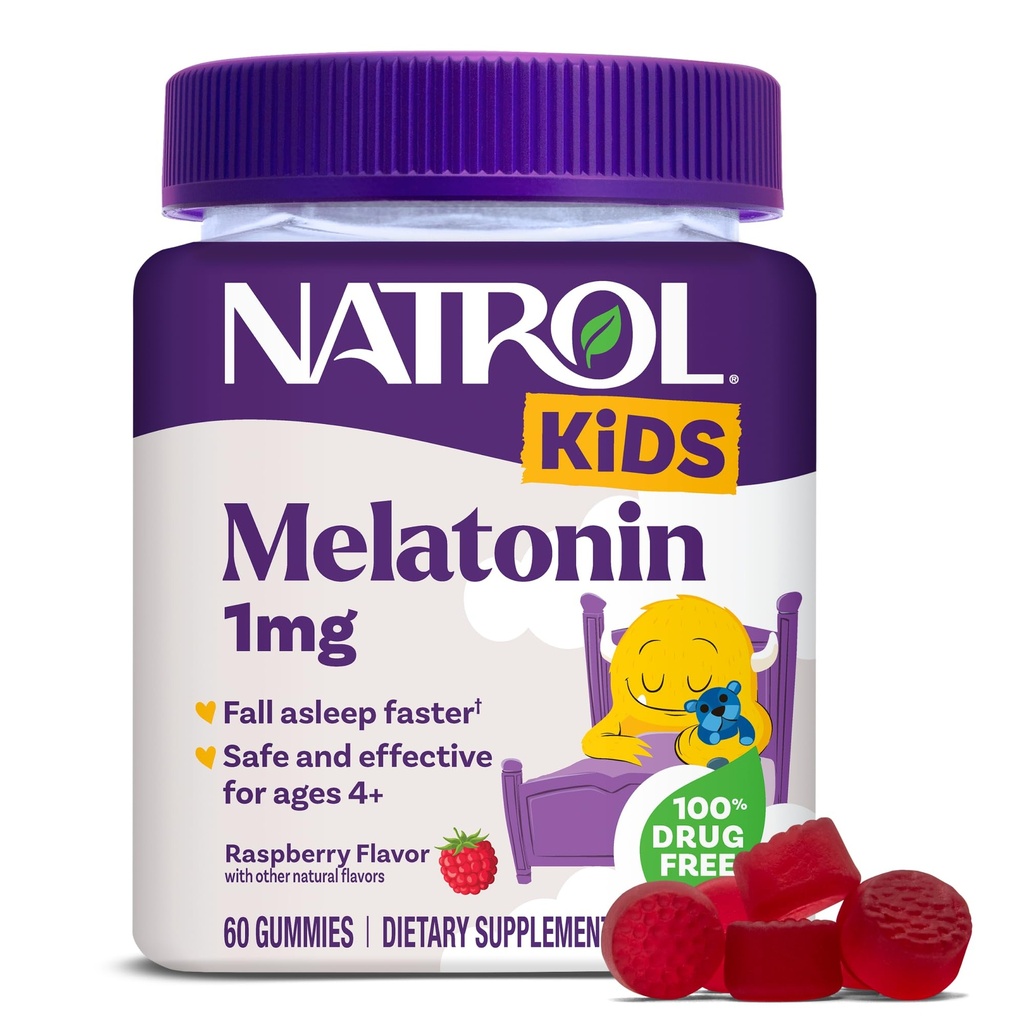 Natrol Dzieci Melatonina Gumiaki 1 mg, Melatonina dla dzieci do niespokojnego snu, 60 Raspberry- aromatyczne Gumiaki snu, 60 Day Supply