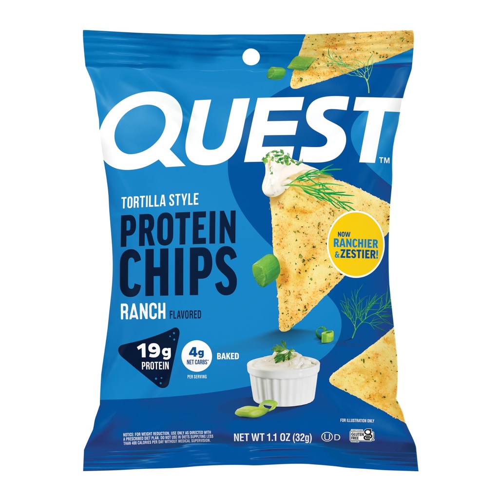 Quest Nutrition Ranch Tortilla Style Protein Chips, 19g Protein, 4g Net Carb, High Protein, Low Carb, Gluten Free, 1.1 Ounce (Pack of 12)
