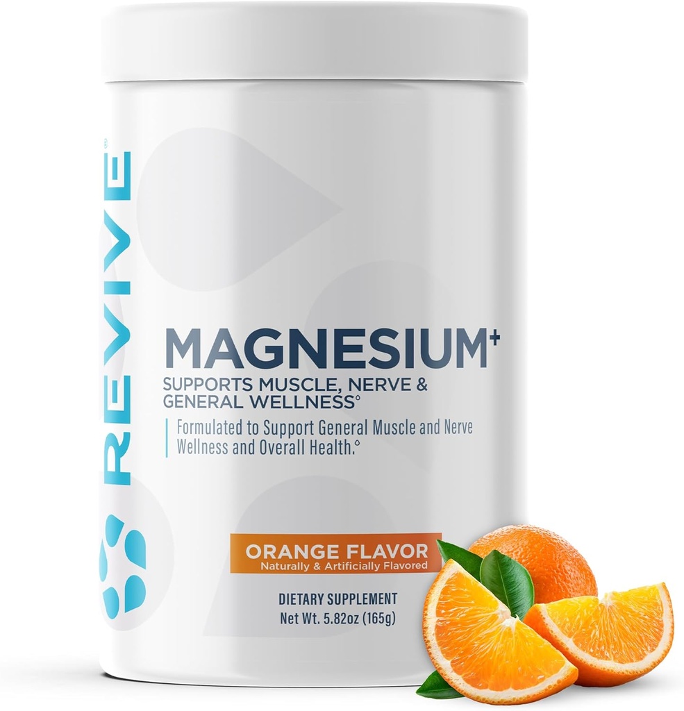 Revive MD Proszek magnezowy Suplement - Węglan magnezu i Taurate Proszek Drink pomaga zdrowe kości, Mięśnie, & Nerwy - Wegan- Friendly, Gluten- Free & Soy- 30 Służenia, Pomarańcza