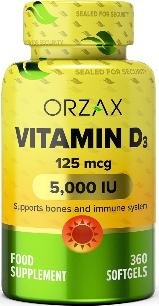 ORZAX Witamina D3 5000 iu (125 μg) - Non-GMO, Gluten Free, Cukier Free, Dairy Free - 1 Rok dostaw dla silnych funkcji mięśni i immunologicznego wsparcia - Suplement nastrojów dla Wellness (360 Softgel)
