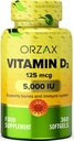 ORZAX Witamina D3 5000 iu (125 μg) - Non-GMO, Gluten Free, Cukier Free, Dairy Free - 1 Rok dostaw dla silnych funkcji mięśni i immunologicznego wsparcia - Suplement nastrojów dla Wellness (360 Softgel)