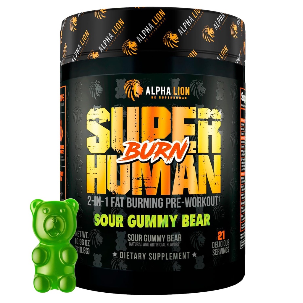 ALPHA LION Superhuman Burn - 2 in 1 Metabolic Booster pre Workout i Termogeniczne spalanie tłuszczu dla mężczyzn - Appetite Suppressant i suplement odchudzania (21 Servings, Sour Gummy Bear)