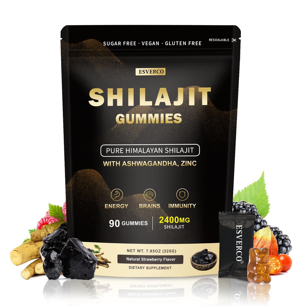 2400mg Shilajit Gummies with 2000mg Organic Ashwagandha Supplement for Men & Women, Extra Strength for Ehance Stamina, Immune Support, Vegan, for Adults, 90 Count