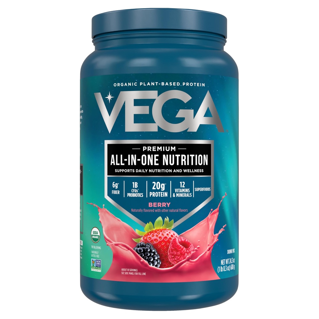 Vega All in One Nutrition Organic - 20 g Białko grochu na bazie plantacji, Berry, 20 Sług, Witaminy A & C, Probiotyki, Zielone, Wegan, Keto, Gluten Free, 24.3oz (Packaging May Vary)