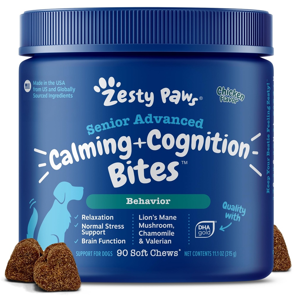 Zesty Paws Senior Advanced Calming & Cognition Soft Chews for Dogs - Supplements for Dog Brain Health & Nervous System Support + Calming & Relaxation -with Ashwagandha & DHA