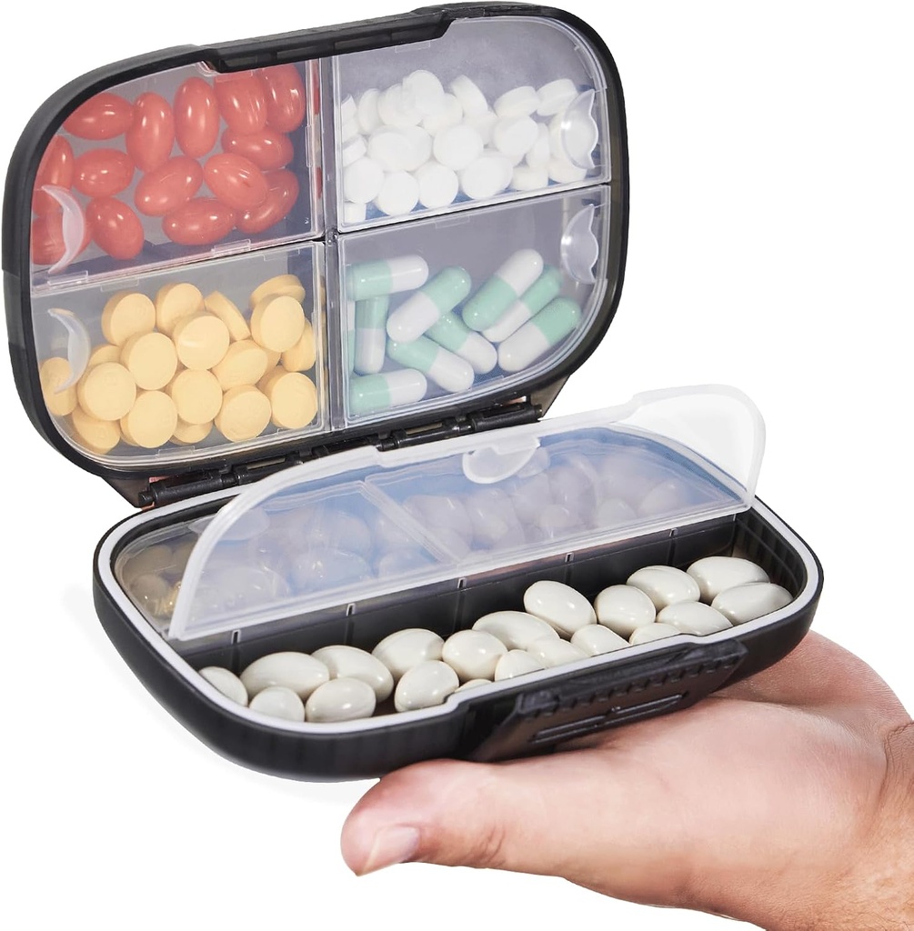 Sukuos Travel Pill Organizator Tygodniowy z podwójną blokadą, Przenośne Pill Box z dużym 7 Kompleks, hermetyczny Codzienne Medicine Case Container z etykietami na witaminy / Oleje rybne / Suplementy