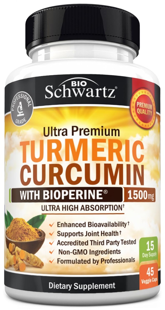 Kurkumina kurkuminowa z ekstraktem Black Pepper 1500mg - Wysoka absorpcja Ultra Pothent Turmeric Supplement z 95% Kurkuminoidami i BioPerine - Nie GMO Tumeryczne kapsułki do wspólnego wsparcia - 45 Kapsułki