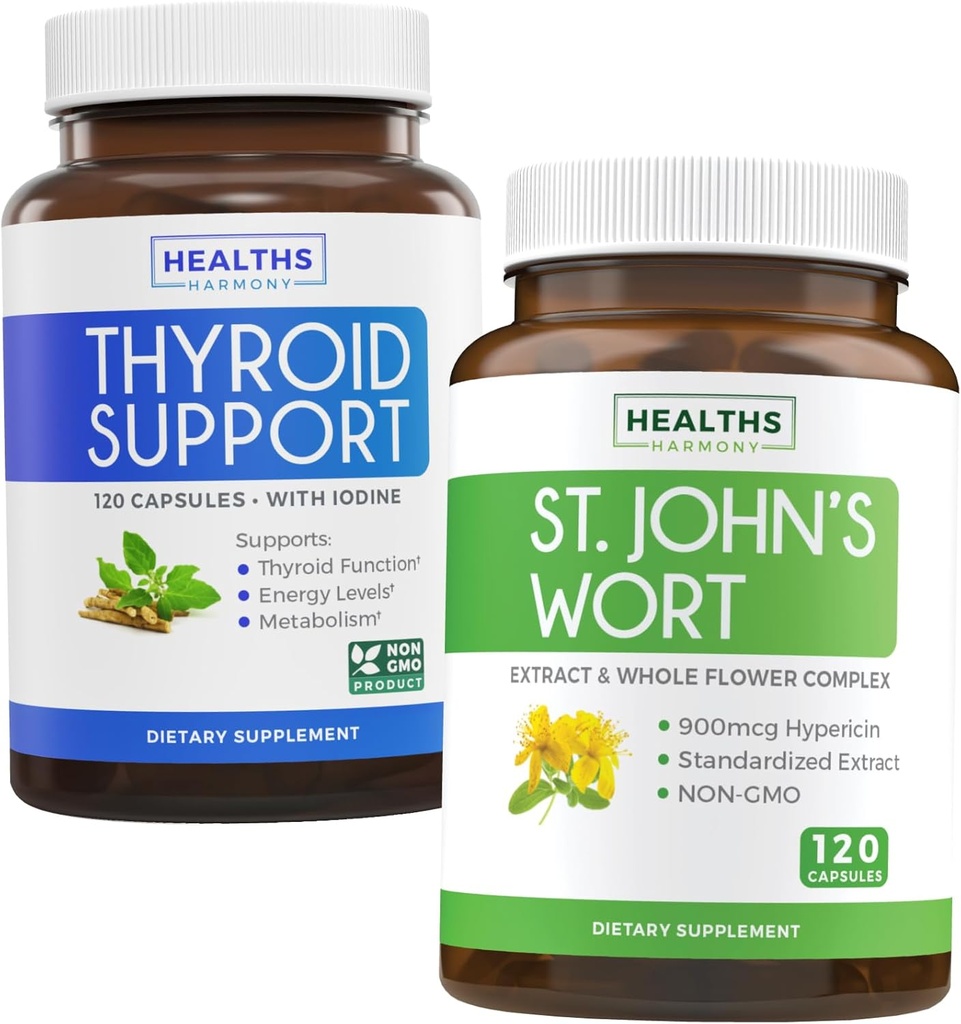 Paleta ziela dziurawca i tyroid Wsparcie - Mood Boost & Balance Bundle - Dziurawiec dziurawca (Non-GMO) z silnym 900mcg Hypericin Extract & Tyroid Wsparcie z jodu na rzecz poprawy energii
