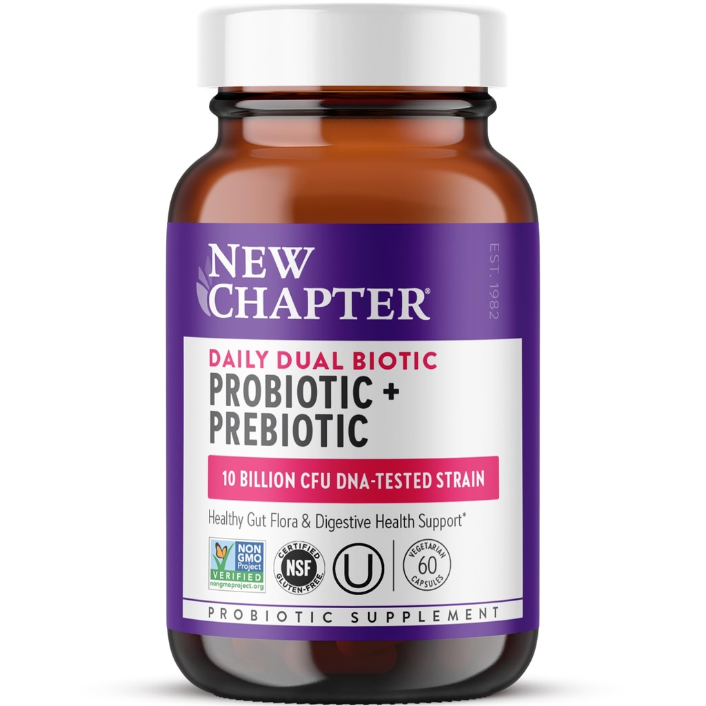 New Chapter Daily Dual Biotic Probiotic + Prebiotyk do trawienia & Microbiome Health, 100% Vegan, Soy Free, Non-GMO, 60 Count (2 Supply Month)