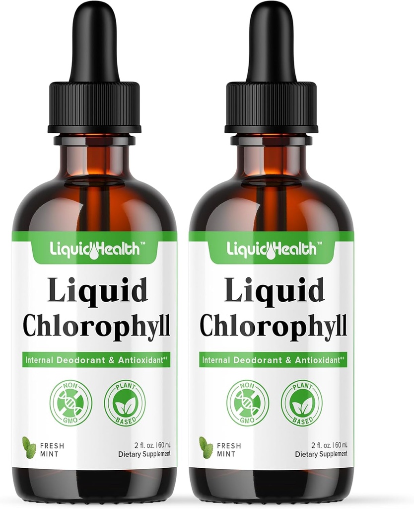 Chlorofil płynny LIQUIDHEALTH - Dezodorant wewnętrzny, przeciwutleniacze, Detox wątroby, Wsparcie immunologiczne, Relieve Bad Breath, Reduce Apetite, Collagen for Hair & Skin Health - Wegan, Non-GMO (2 Pack)
