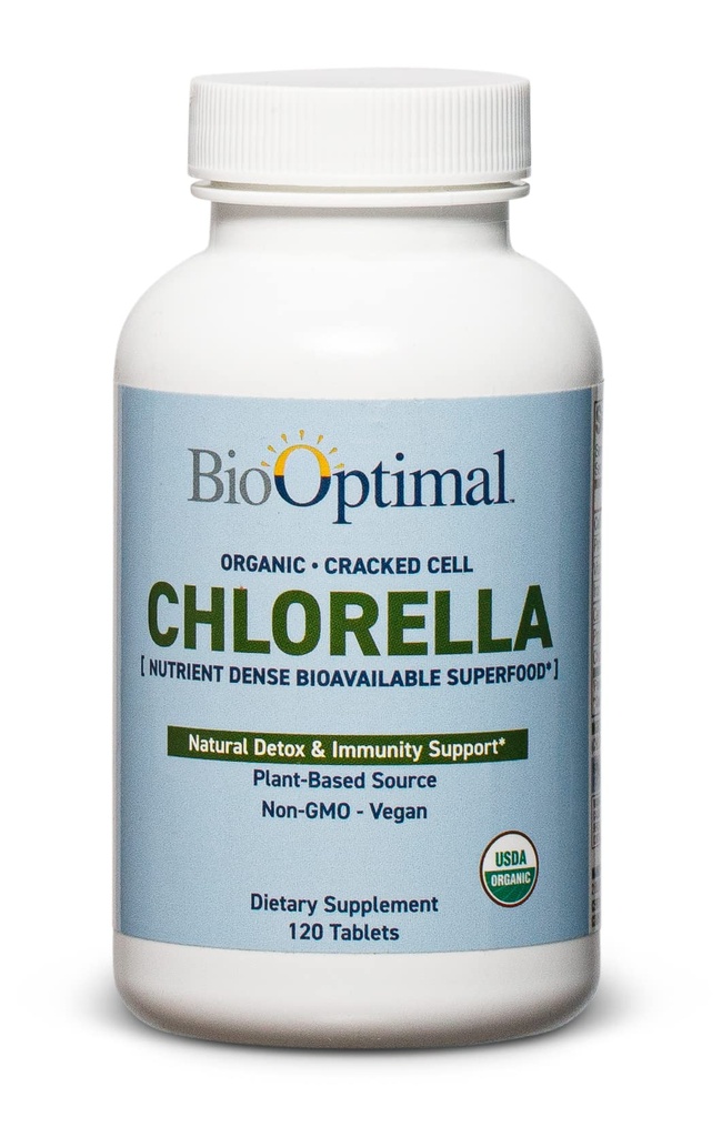 BioOptimal Organic Chlorella Tablets - Organic, Non-GMO, No Additives or Fillers - 500mg Premium Quality Dietary Supplement with Vitamin, Minerals, & Antioksydants (120 Tablets)