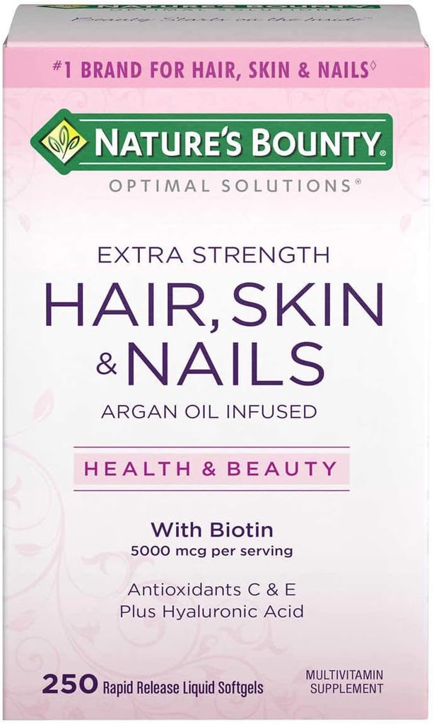 Nature 's Bounty Hair Skin and Nails 5000 µg Biotin - 250 Pokryte tabletki Regular & Extra Siła (Dodatkowa siła, Dwie butelki każdy z 250 Softgels)