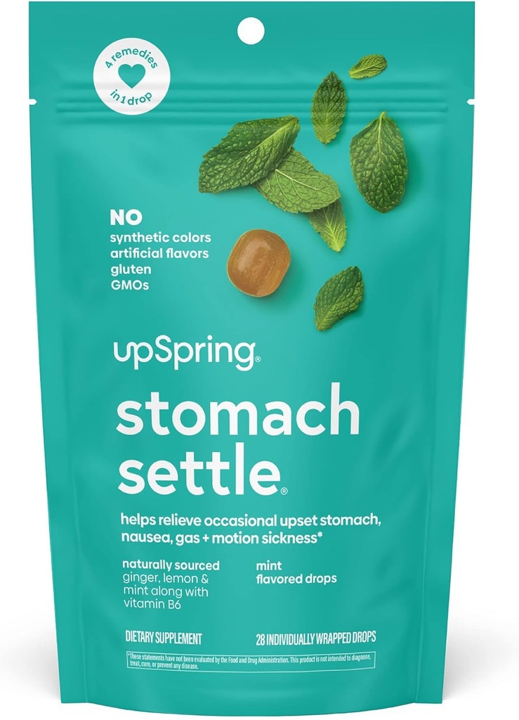 UpSpring krople żołądkowe dla sporadycznych Nudności Ulgi / Upset jamy żołądkowej z Ginger, Lemon, Spearmint i B6. Miętowe krople smakowe, 28 Ct (Opakowania maja Vary)