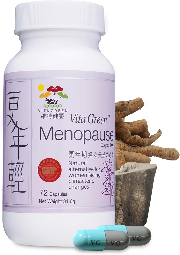 Vita Green Menopauza Suplementy dla Kobiet, Gorące błyski Menopauza Relief, Objawy menopauzy, Hormonalna skóra i stan włosów Poprawa, Ulga snu, nocne poty, 100% Naturalne - 72 Kapsułki