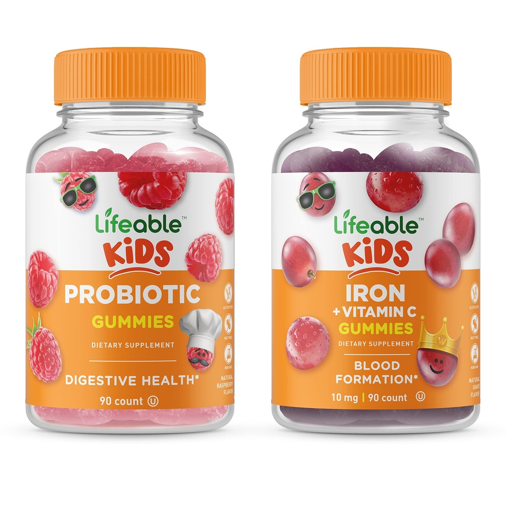 Żywy Probiotyk 2 Miliard CFU Dzieci + Żelazko i Witamina C Dzieci, Gummies Bundle - Great Desting, Suplement witaminy, Gluten Free, GMO Free, Gummy do żucia