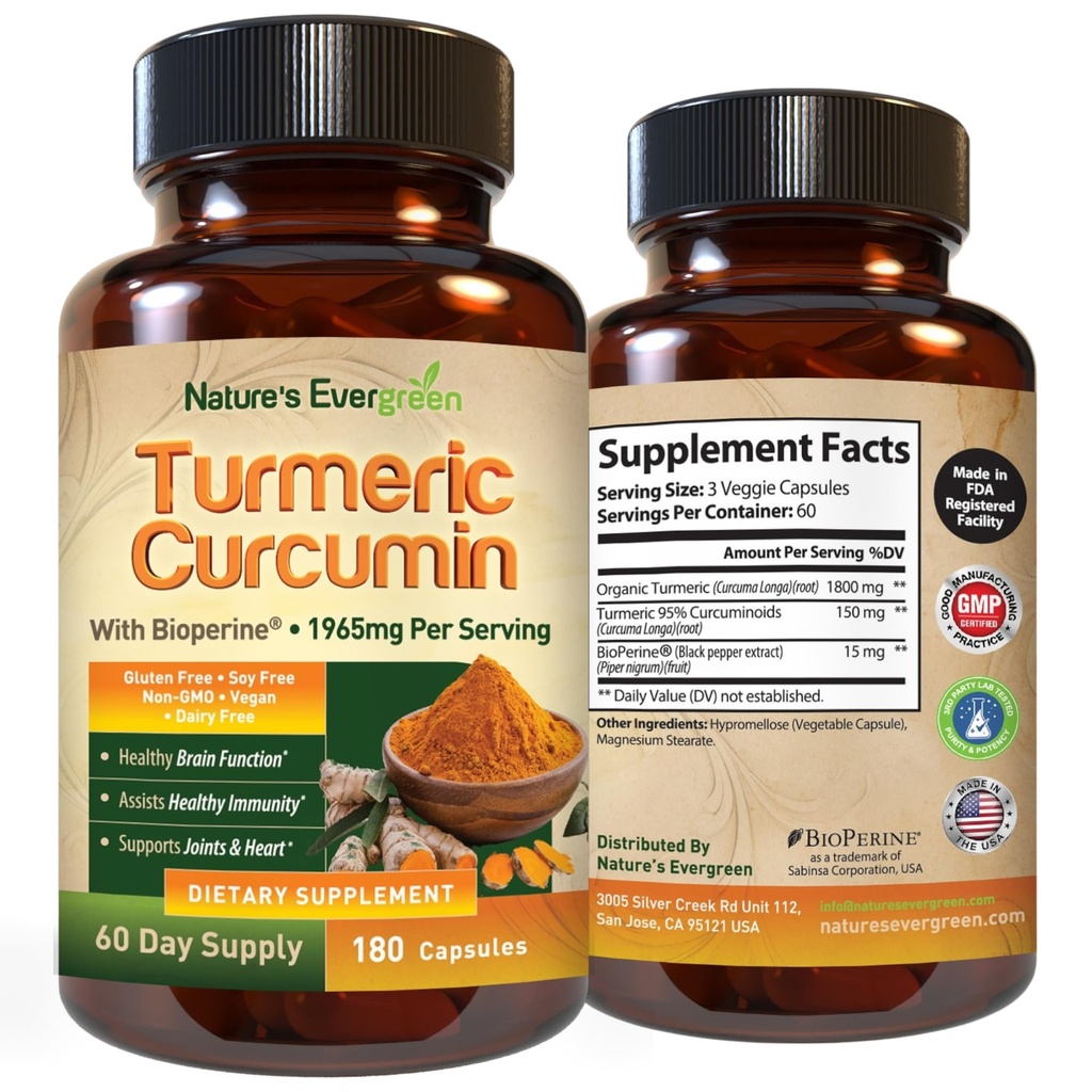 Kurkumina turmerowa z ekstraktem Black Pepper (Bioperine) & Organic Turmeric Vegan Joint Supplement. Wyciąg 95% Curcuminoids 1965mg Supplement for Healthy Joints & Immune Support. 180 kapsułek