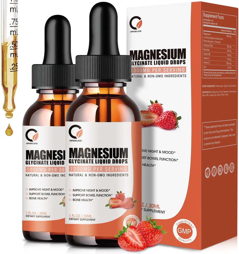 Płynne krople glicynianu magnezu, 1000 mg płynny suplement magnezu z bromelainą, Witamina B6 C D, Wysoka Absorpcja Kompleks magnezu na noc, Mięśnie i Wsparcie energetyczne, 1 Fl Oz (Opakowanie 2)