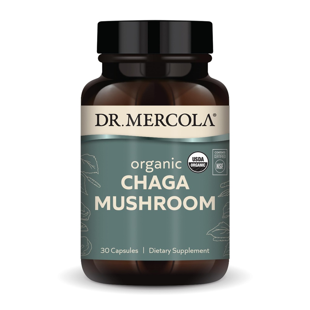 Dr Mercola Organic Chaga Mushroom, 30 Servings (30 tabletek), Suplement diety, Wspiera zdrową funkcję immunologiczną, Nie- GMO, Certyfikowany USDA Organic, NSF Zawartość Certyfikowany
