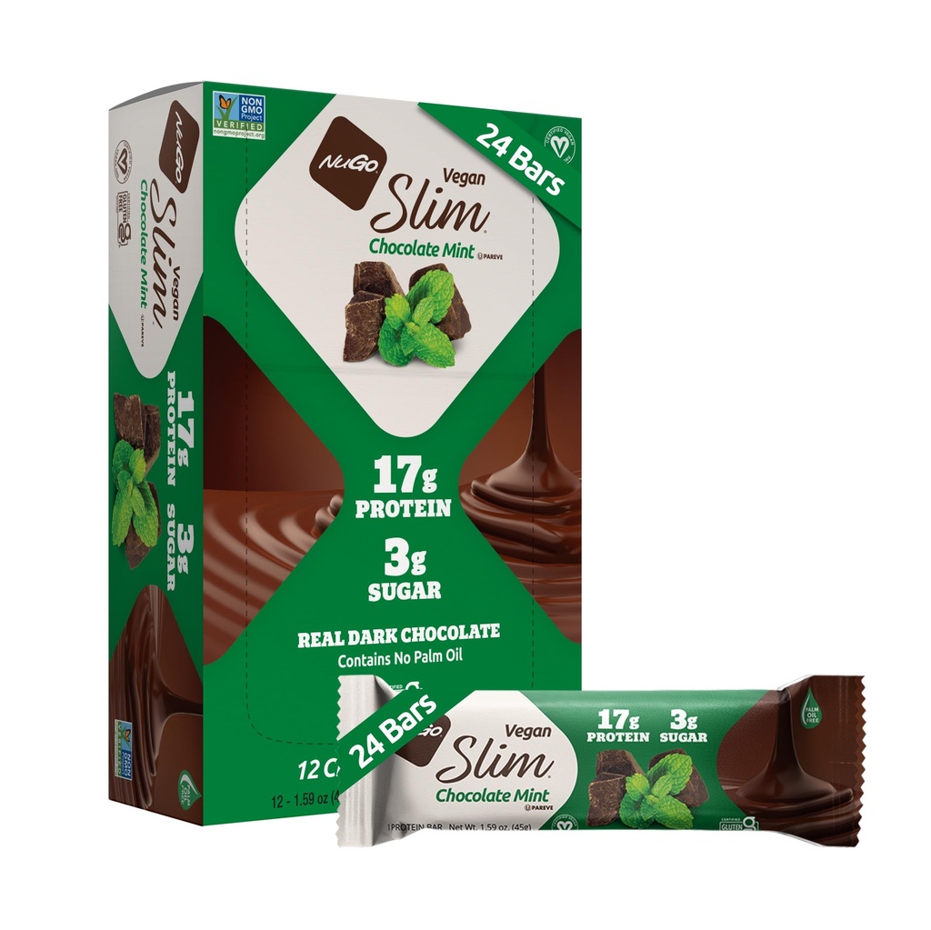 Nugo Slim Dark Chocolate Mint, 18g Vegan Protein, 3g Sugar, 6g Fiber, Niska netto Carb, Keto Friendly, Gluten Free, 24 Count