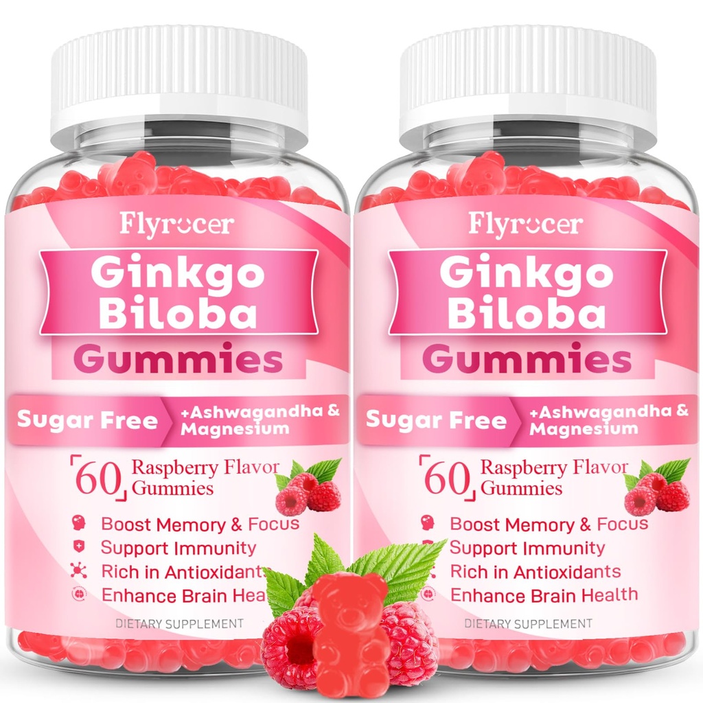 2 Pack Ginkgo Biloba Gummies for Adults & Kids, Ginkgo Biloba Supplements for Focus, Memory, and Brain Health, Vegan, Sugar-Free, Raspberry Flavor, 120 Count