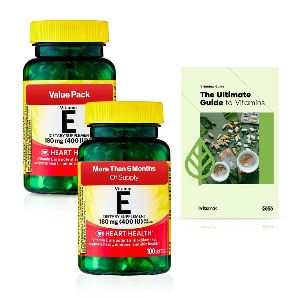 Witamina E Heart Softgels suplement diety Spring Valley, 180 mg (400 j. m.), 200 Count, 2- Pack + ekskluzywny VitaMax witamina Przewodnik (3 przedmioty)