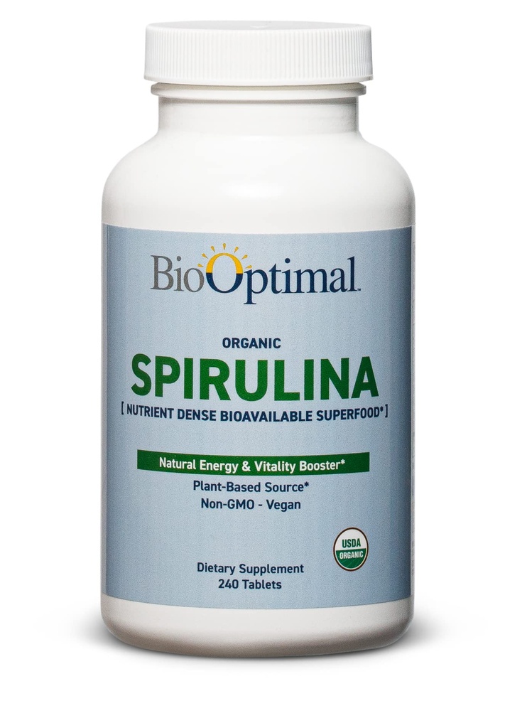 BioOptimal Organic Spirulina Tablets - Organic, Non-GMO, No Additives or Fillers - 500mg Premium Quality Dietary Supplement with Vitamin, Minerals, & Antioksydants (240 Tablets)