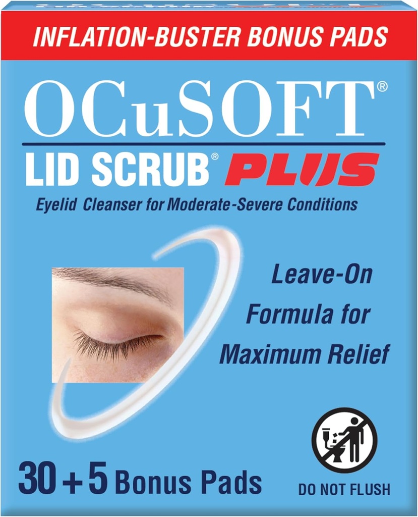 OCuSOFT Lid Scrub PLUS 35 - Nawilżane chusteczki do powiek dla warunków umiarkowanych do ciężkich - Nawilżający czyszcznik do oczu dla maksymalnej ulgi - 35