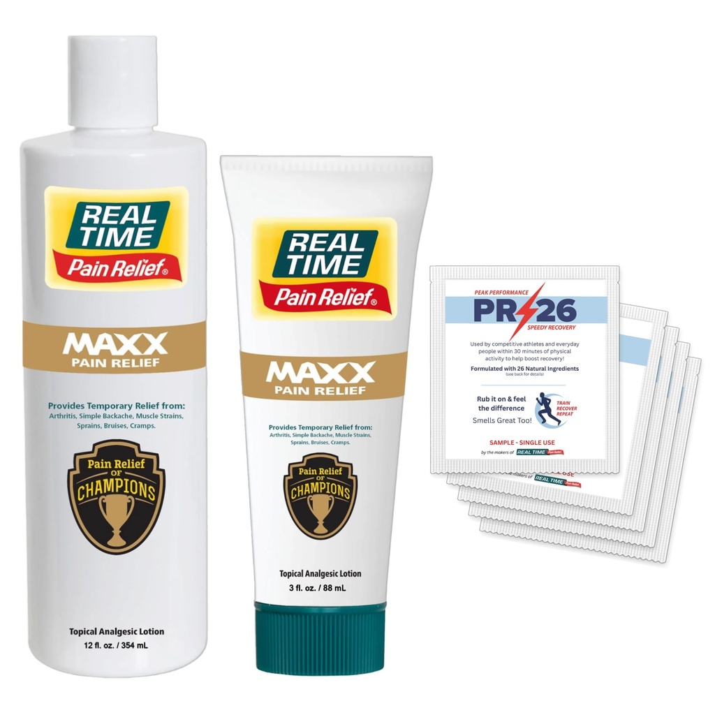 Real Time Pain Relief MAXX Value Pack: 12oz MAXX Bottle, 3oz MAXX with Arnica & Menthol and 5 PR-26 Travel Packs for Soothing Discomfort in Hands, Feet, Back, Knees, Muscles & Joints