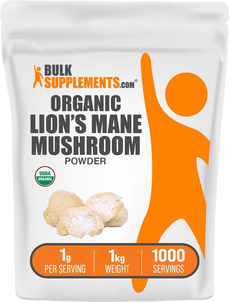 BulkSupplements.com Organic Lions Mane Mushroom Powder - Lions Mane Powder, Mushroom Supplement - Vegan & Gluten Free, 1 g na Serving, 1 kg (2,2 kg) (Opakowanie 1)