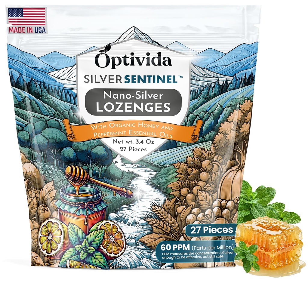 OPTIVIDA Health Colloidal Silver Lozenges with Honey & Lemon Oil (1 Pack) - Soothing Sore Throat Lozenges dla dorosłych z Cough Relief & Fast- Acting Nano Silver Formula dla wsparcia immunologicznego, 60 pm